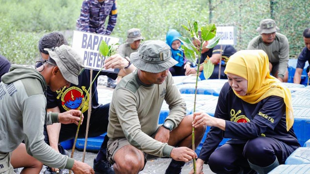 Sinergi Khofifah dan Pasmar 2 Perkuat Kelestarian Pesisir Surabaya Melalui Aksi Bersih Pantai dan Penanaman Mangrove