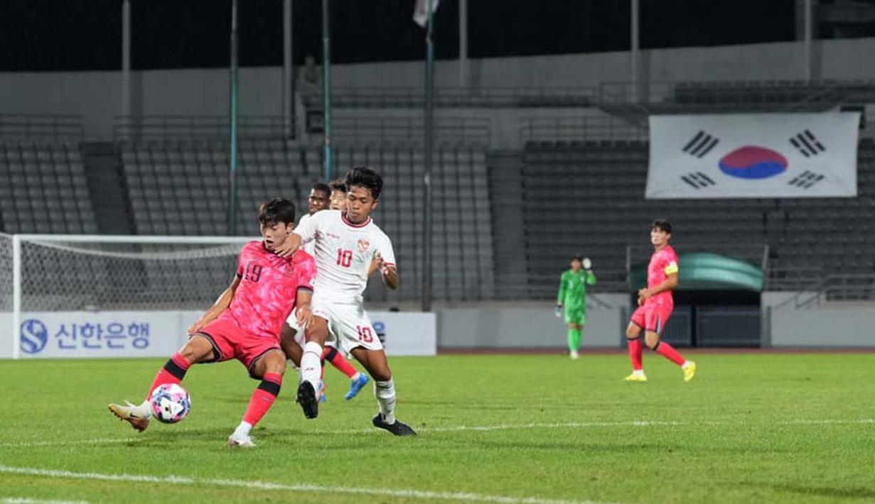 Timnas Indonesia U-20 tiga kali dibobol oleh pemain Korea Selatan, semuanya di babak pertama dari aksi Shin Min-ha, Kim Tae-won, dan Hong Seok-hyun. (Dok. PSSI)