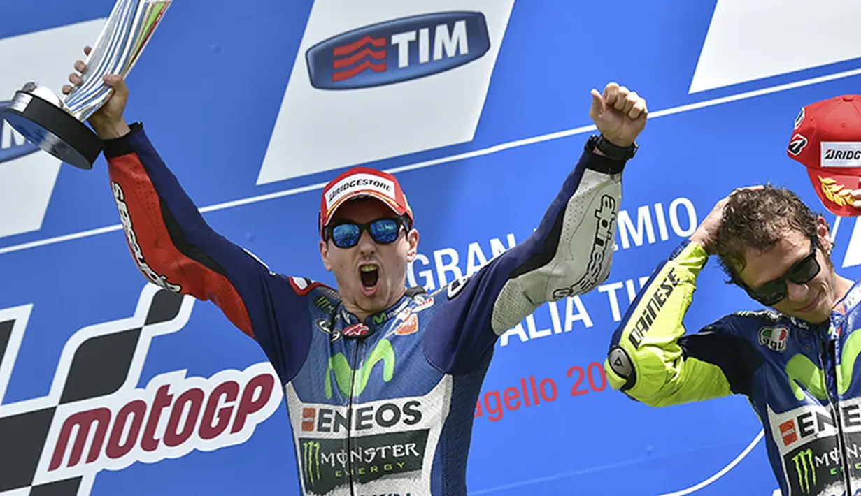  Ekspresi kemenangan Jorge Lorenzo di GP Italia. (Reuters/Stringer)
