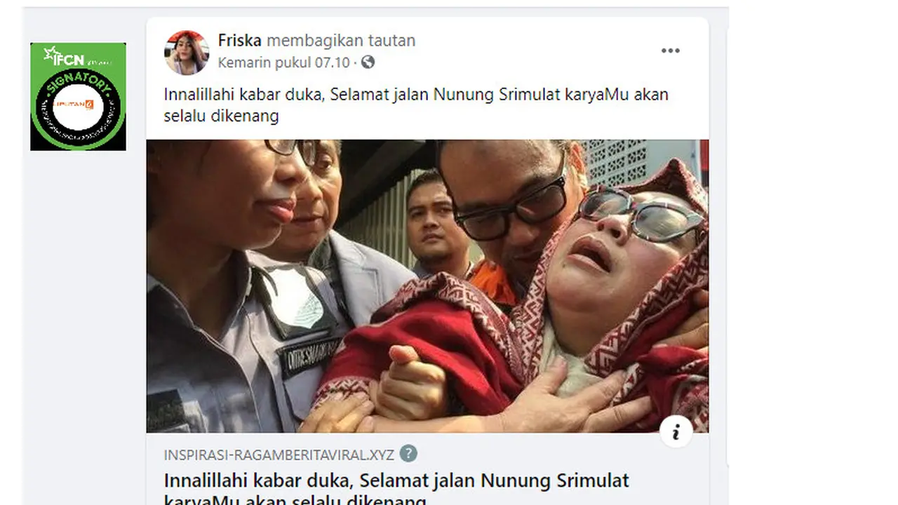 Cek Fakta Liputan6.com menelusuri informasi artikel kabar duka selamat jalan Nunung Srimulat