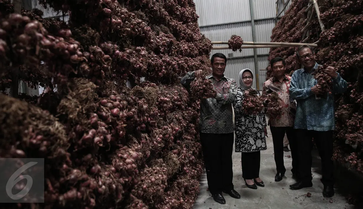 Menteri Pertanian Andi Amran Sulaiman (kiri) didampingi Direktur Utama Bulog, Djarot Kusumayakti (kanan) meninjau pasokan bawang merah di Gudang Bulog, Jakarta, Senin (16/5). (Liputan6.com/Faizal Fanani)