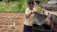 Ibu Shinta, Masyarakat Sumba Barat dapat menanam dan menyiram benih sayur di pekarangan rumahnya setelah Save the Children membantu menyediakan akses air bersih bagi Masyarakat sekitar. (Foto: Tim dokumentasi Save the Children)

 