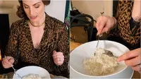 Wanita ini bikin warganet tidak habis pikir dengan aksinya makan nasi pakai garpu. (Sumber: TikTok/lucychallengerofficial)