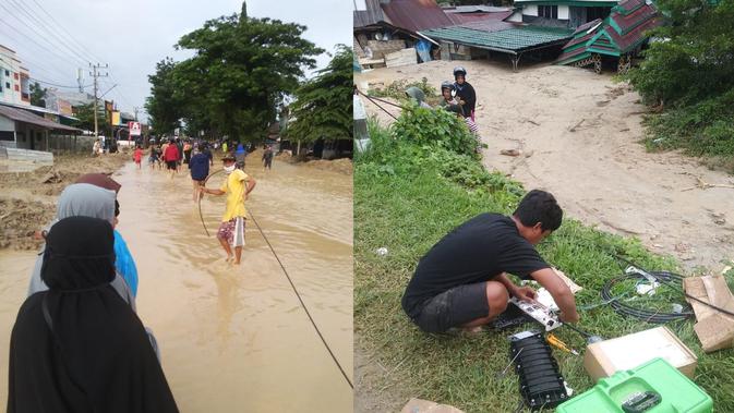 Teknisi sedang melakukan perbaikan infrastruktur jaringan XL Axiata di sekitar lokasi bencana banjir bandang yang berada di  jalur fiber optik Masamba -Tolemo, Kabupaten Luwu Utara. (Foto: XL Axiata)