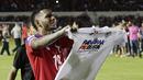 Gelandang Panama, Alberto Quintero, melakukan selebrasi usai memastikan negaranya lolos Piala Dunia 2018 di Stadion Rommel Fernández, Selasa (10/10/2017). Panama menang 2-1 atas Kosta Rika. (AP/Arnulfo Franco)