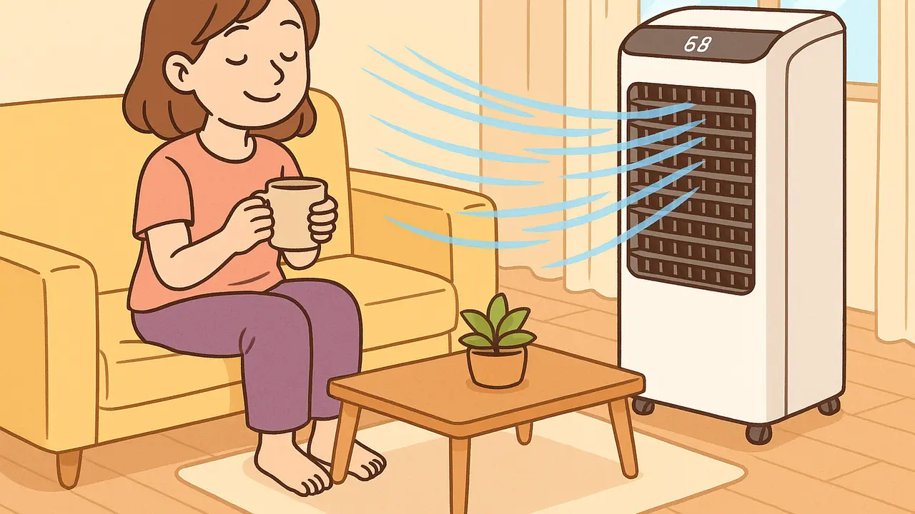 Wanita sedang merasakan sejuknya air cooler.