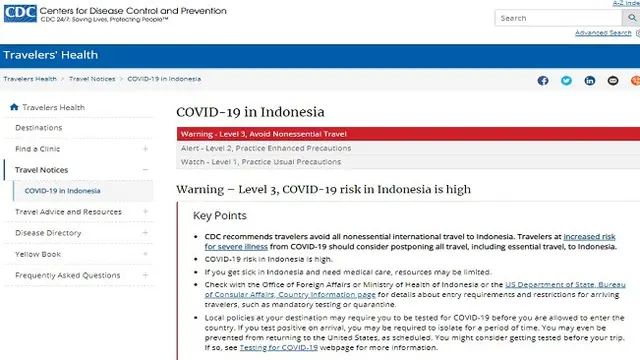 Imbauan CDC yang menyatakan level tiga terhadap risiko penularan COVID-19 di Indonesia (Tangkapan Layar laman CDC)