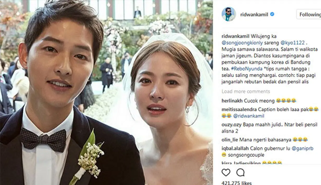 Inti dari tulisan itu adalah Kang Emil memberikan ucapan turut berbahagia kepada sang pengantin. Mengingat dirinya yang selalu harmonis dengan istrinya, Kang Emil pun berbagi tips di dalam rumah tangga. (Instagram/ridwankamil)