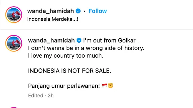 Unggahan Wanda Hamidah. (Foto: Dok. Instagram @wanda_hamidah)