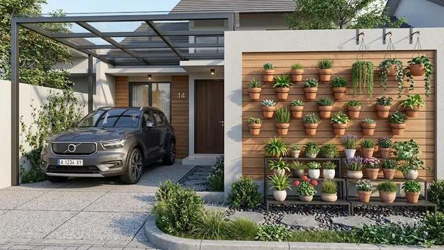 Desain Halaman Depan 3x4 Meter dengan Carport dan Taman Mini