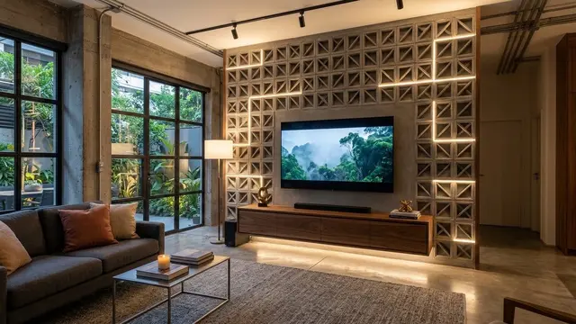 Dinding TV dengan Kombinasi Roster dan Lampu LED