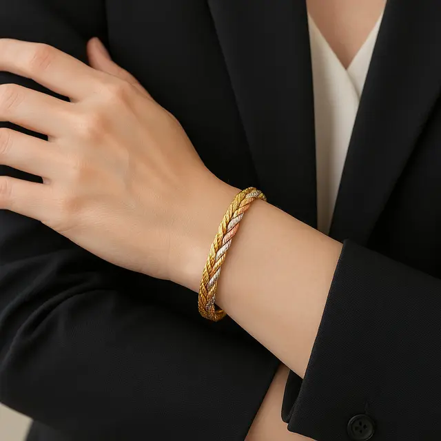 Model Gelang Emas Kadar 750 Twist Kombinasi Tiga Warna untuk Wanita Karier