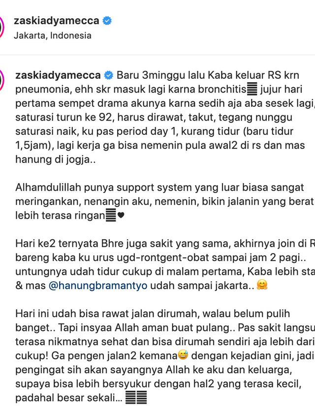 Unggahan Zaskia Adya Mecca. (Foto: Dok. Instagram @zaskiadyamecca)