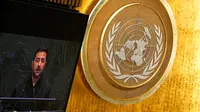 Presiden Ukraina Volodymyr Zelenskyy terlihat di layar monitor saat berpidato dalam Sidang Majelis Umum PBB ke-81 di Markas Besar PBB, Rabu (23/9/2026). (Dok. AP Photo/Seth Wenig)