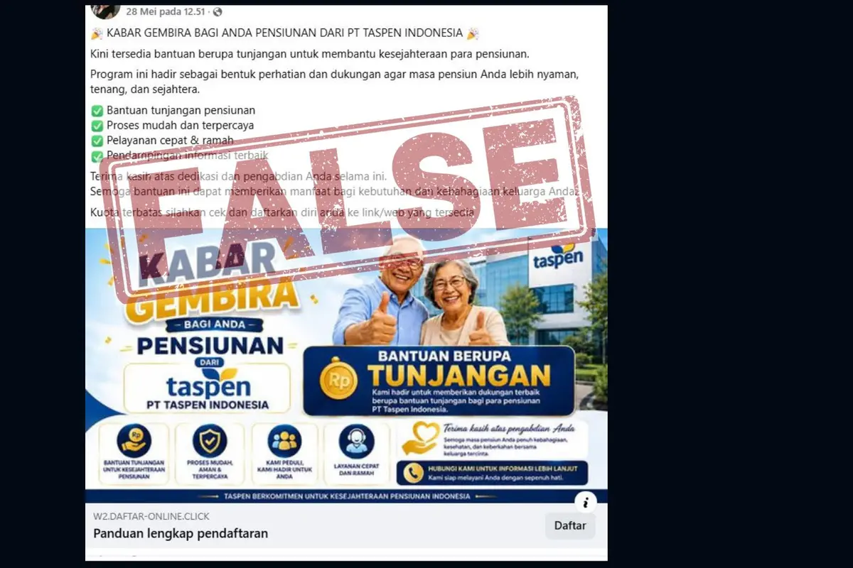 Cek Fakta Liputan6.com menangkap layar klaim link pendaftaran tunjangan kesejahteraan pensiunan dari Taspen