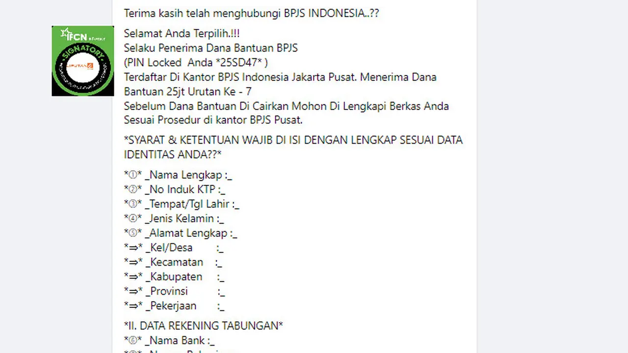 Tangkapan layar klaim pembagian dana bantuan Rp 25 juta dari BPJS