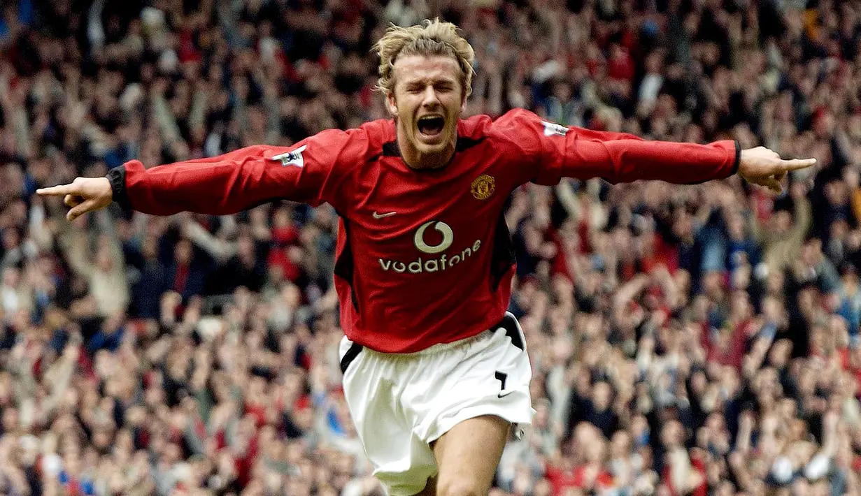 David Beckham. Telah memperkuat Manchester United dalam 389 pertandingan mulai musim 1992/1993 hingga 2002/2003. Berhasil membuat 85 gol dan 98 assist. Meraih 6 trofi Liga Inggris, 2 Piala FA, 2 Charity Shield, 1 Liga Champions dan 1 Piala Toyota. (AFP/Paul Barker)