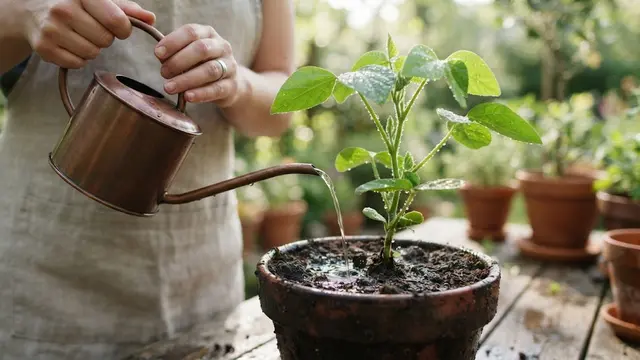 Menyiram Tanaman Edamame di Pot