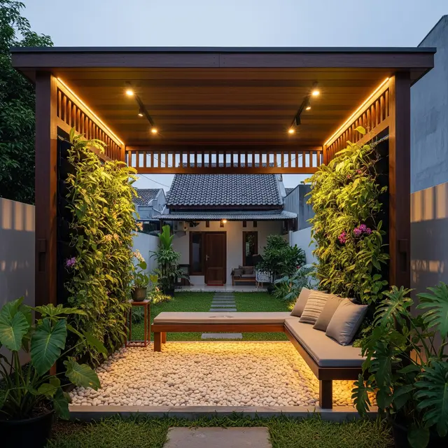 Ide Gazebo Minimalis Belakang Rumah 2026 dengan Pencahayaan Tersembunyi dan Taman Vertikal
