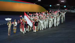 Kontingen Merah Putih yang berjumlah 69 atlet dari enam cabang olahraga yang mewakili Tim Indonesia di Opening Ceremony SEA Games Thailand 2025 yang digelar di Rajamanggala Stadium pada Selasa (9/12/2025) malam WIB. (Dok. NOC Indonesia)