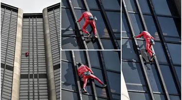 Foto kolase Alain Robert, pendaki bangunan pencakar langit asal Prancis memanjat Menara Montparnasse di Paris, Prancis, Rabu (12/10/2022). Alain Robert yang dikenal sebagai Spiderman Prancis itu kembali beraksi dengan memanjat Menara Montparnasse yang memiliki ketinggian 210 meter. (Bertrand GUAY/AFP)