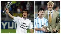 Foto kolase pemain Timnas Argentina, Lione Messi saat memegang trofi Piala Dunia U-20 dan Golden Boot setelah timnya behasil memenangi ajang tersebut yang berlangsung di Utrecht, Belanda, 2 Juli 2005. Messi tercatat berhasil mengemas 5 gol. Selain itu, ia juga sukses menyabet gelar Golden Ball berkat penampilan apiknya. (AFP/John Thys)