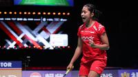 Ester Nurumi Tri Wardoyo tampil sebagai tunggal putri Indonesia ketiga saat menghadapi Denmark pada perempat final Piala Uber 2026 di Forum Horsens, Denmark, Kamis (30/4) malam. (foto: PBSI)