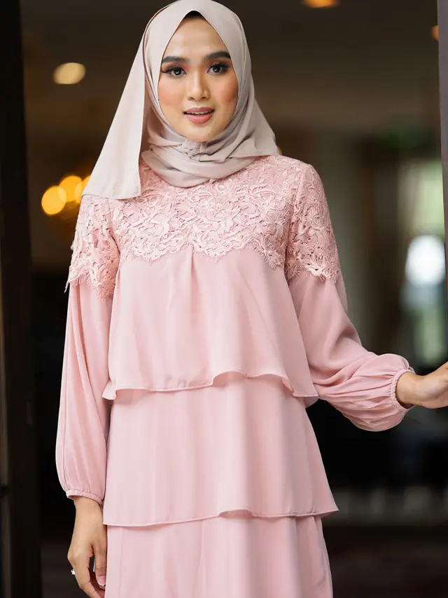 Model Gamis Bahan Wolpeach dengan Potongan Tiered Anggun