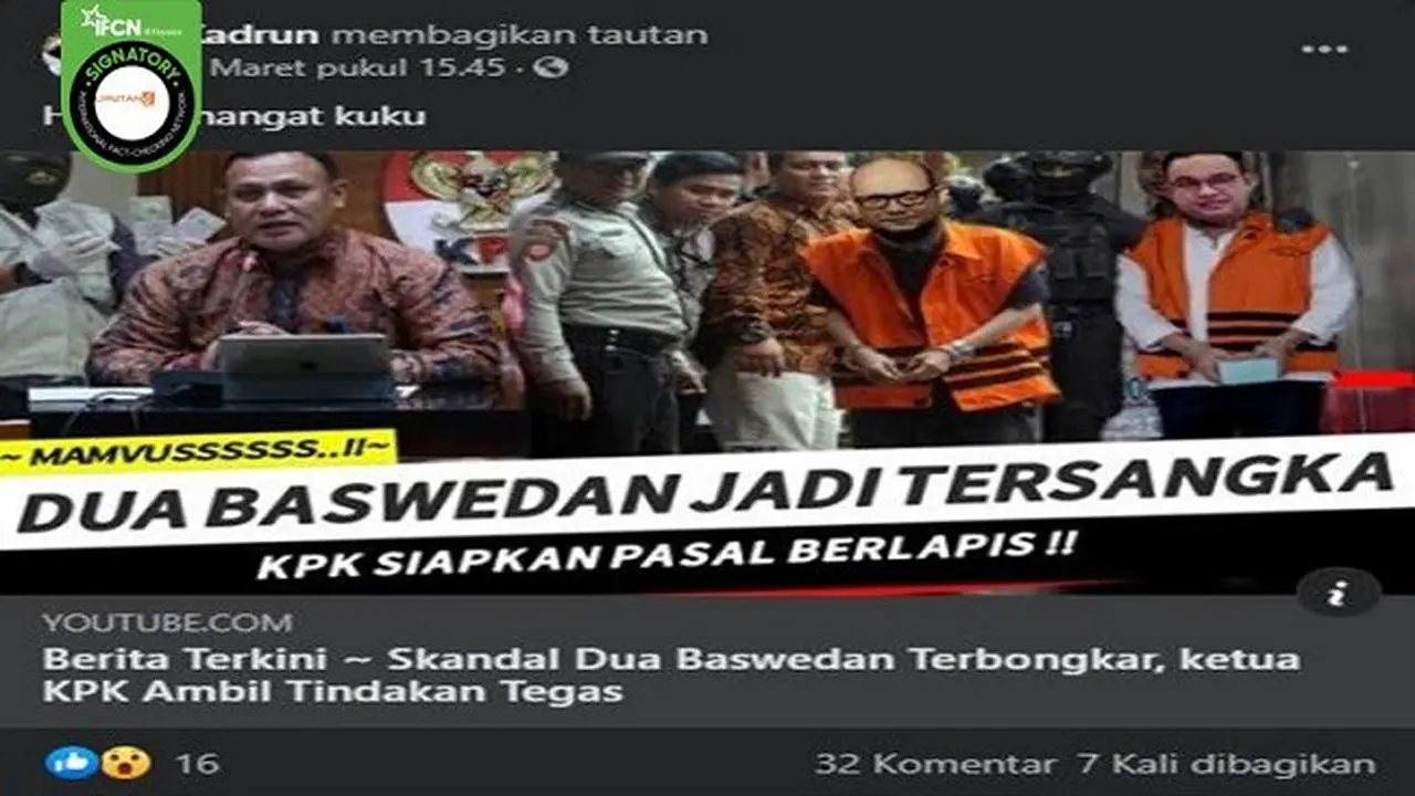 Gambar Tangkapan Layar Kabar Hoaks Dua Baswedan Jadi Tersangka KPK (sumber: Facebook)
