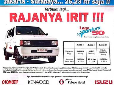 Isuzu pernah mengadakan perlombaan irit-iritan bahan bakar Panther dengan rute Jakarta-Surabaya. (Source: Instagram/@rayuaniklan)