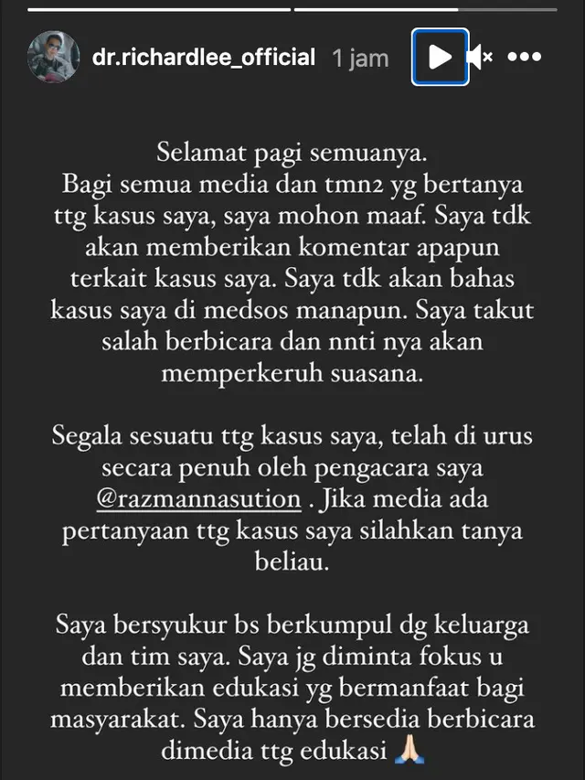 Unggahan dr Richard Lee. (Foto: Instagram @dr.richardlee_official)