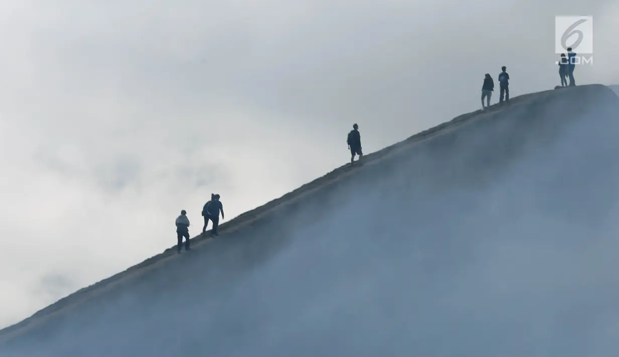 <p>Wisawatan berada di puncak Gunung Bromo, Malang, Jawa Timur, (29/7). Ratusan wisatawan berbagai daerah setiap harinya memadati kawasan Bromo untuk berwisata melihat terbitnya matahari dan juga kawah Gunung Bromo. (Liputan6.com/Johan Tallo)</p>