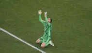 Kiper PSG Gianluigi Donnarumma bereaksi usai final Champions League kontra Inter Milan di Allianz Arena, Munich, Jerman, Sabtu, 31 Mei 2025. (AP Photo/Michael Probst)