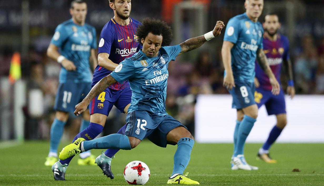 Bek tangguh Real Madrid, Marcelo diberitakan salah satu media spanyol kemungkinan akan memperpanjang kontrak dengan Los Blancos hingga 2022. (AP/Manu Fernandez)