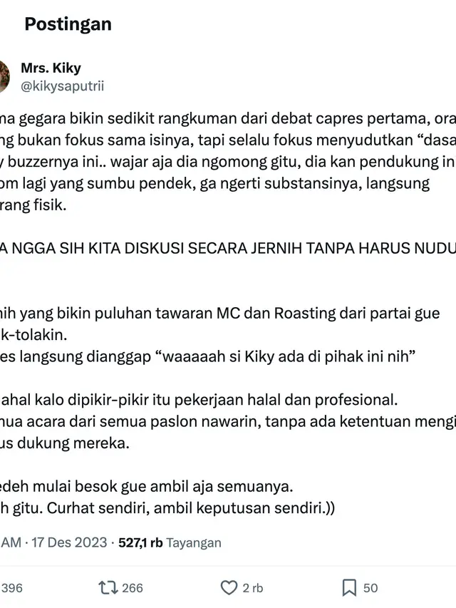 Cuitan Kiky Saputri. (Foto: Dok. Twitter @kikysaputrii)