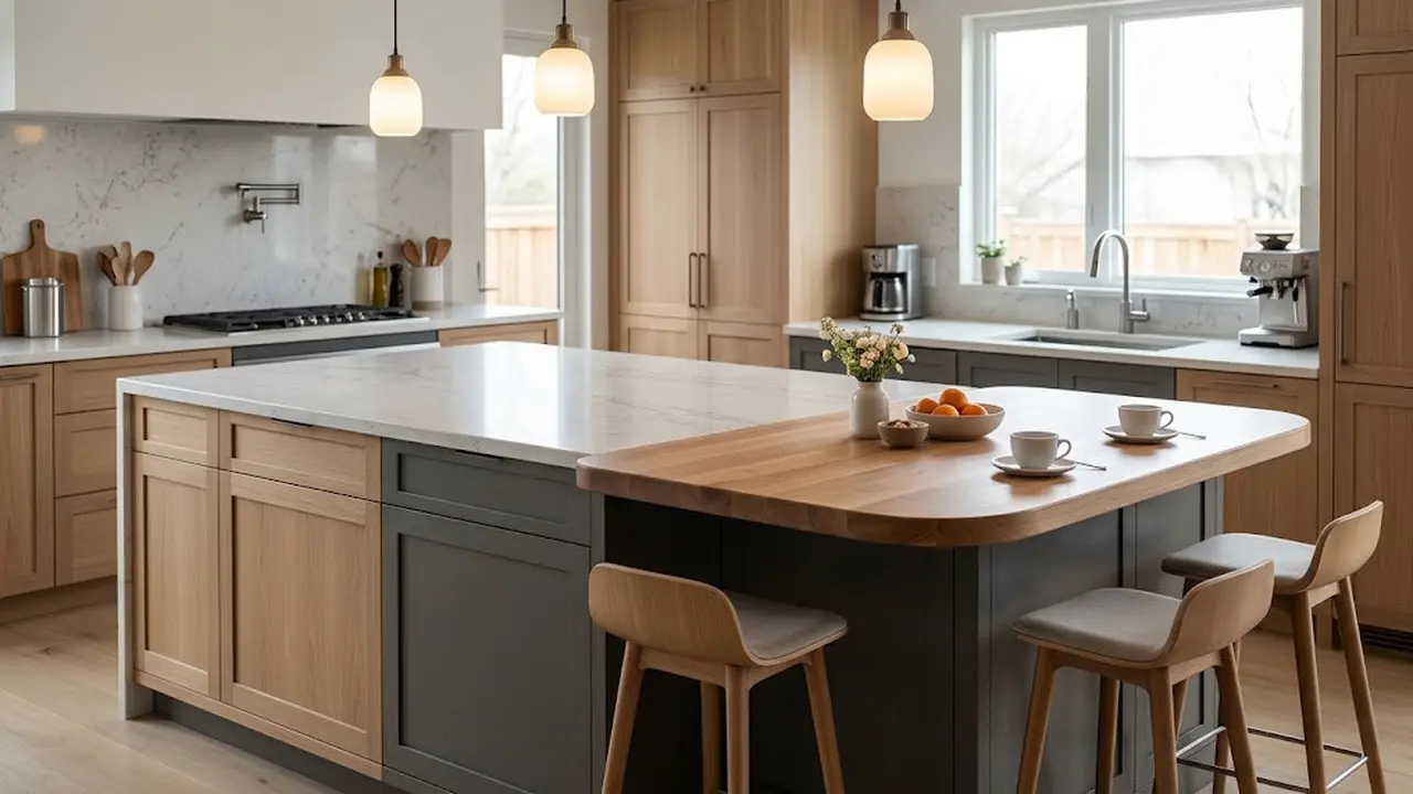 Desain Dapur dengan Meja Sarapan Menyatu pada Ujung Kitchen Island