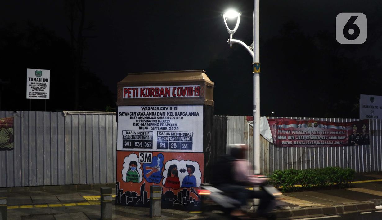Warga melintas di dekat instalasi peringatan bahaya COVID-19 di kawasan Kemang, Jakarta, Selasa (15/9/2020). Guna mengurangi pola penyebaran COVID-19, Pemda DKI Jakarta kembali menerapkan PSBB dengan membatasi aktivitas warga, perdagangan maupun perkantoran. (Liputan6.com/Helmi Fithriansyah)