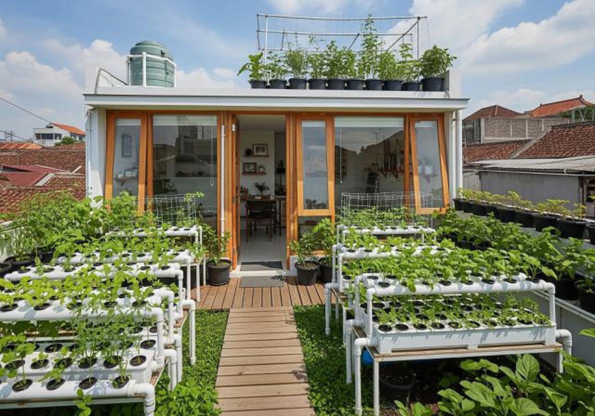 Konsep Berkebun Produktif di Atap/Rumah Compact dengan Atap Tanaman Hijau Anti Panas dan Bocor (Sumber: gemini.com)