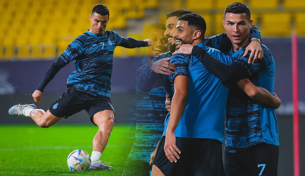 Cristiano Ronaldo akan melakoni laga debut bareng Al Nassr di Liga Pro Arab Saudi pada Senin (23/1/2023) dini hari WIB. CR7 nantinya akan menjamu sang pemuncak klasemen Al Ittifaq di Mrsool Park. Ronaldo sebelumnya harus absen dalam dua laga Al Nassr karena terkena sanksi yang didapat dari Manchester United. Berikut ini potret latihan Ronaldo menjelang debutnya di Al Nassr. (Twitter/@AlNassrFC)