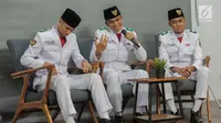 Rayhan Alfaro Ferdinand Siregar (Paskibraka Nasional 2019 DKI Jakarta), Rafi Ahmad Falah (Paskibraka Nasional 2019 Banten), dan Rangga Wirabrata Mahardika (Paskibraka Nasional 2019 Jawa Barat). (Liputan6.com/Faizal Fanani)