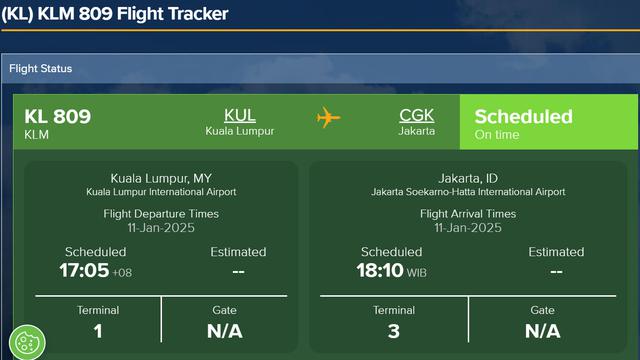 Pesawat yang diduga ditumpangi pelatih Timnas Indonesia, Patrick Kluivert, dari Amsterdam ke Jakarta.