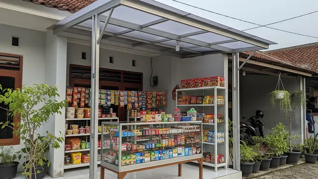 Desain Warung Sembako di Teras Rumah Model dengan Kanopi Transparan