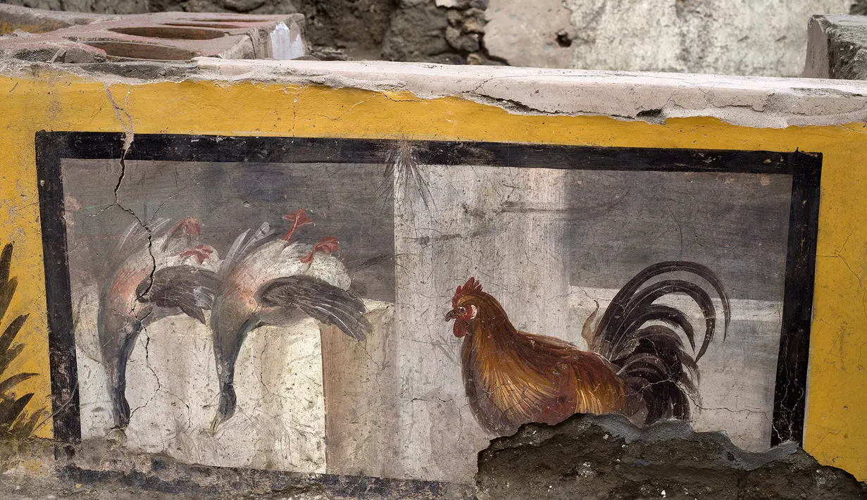 Gambar yang dirilis pada 26 Desember 2020 menunjukkan termopolium, semacam konter "makanan cepat saji" pinggiran jalan (street food) pada era Romawi kuno, di Pompeii. Toko itu ditemukan di situs taman arkeologi Regio V yang belum dibuka untuk umum. (Luigi Spina/Parco Archeologico di Pompei via AP)