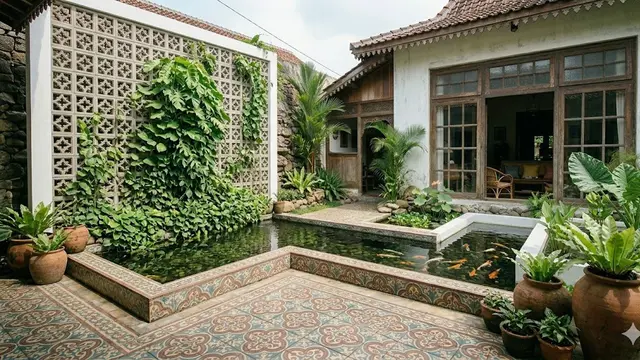 Model Teras Depan Jadul dengan Kolam Ikan