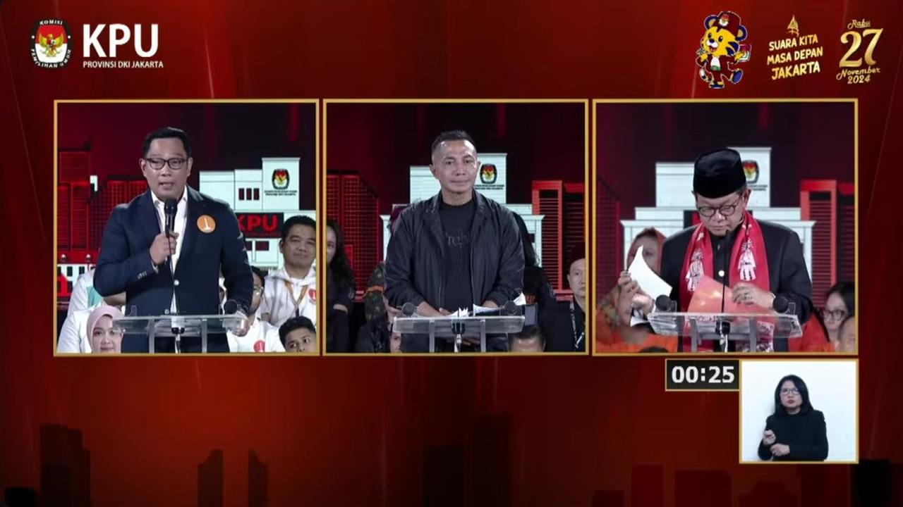 Calon gubernur (Cagub) nomor urut 1 Ridwan Kamil, Cagub nomor urut 2 Dharma Pongrekun, dan Cagub nomor urut 3 Pramono Anung saat debat terakhir atau debat ketiga Pilkada Jakarta 2024.