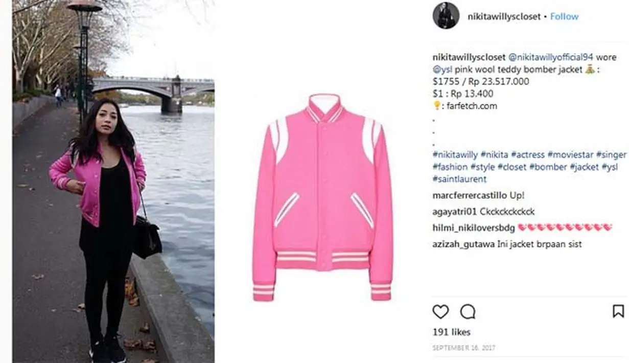 Selain mengoleksi kaus dan tas mewah, kali ini adalah jaket Nikita Willy berwarna pink. Untuk harganya, jaket Nikita Willy ini harganya mencapai Rp.23.517.000. (Instagram/nikitawillycloset)