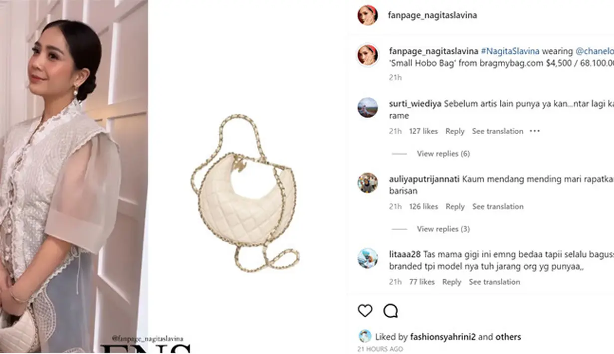 Melansir dari @fanpage_nagitaslavina, Nagita menenteng tas mungil Small Hobo Bag dari Chanel yang harganya Rp68 juta. "#NagitaSlavina wearing @chanelofficial 'Small Hobo Bag' from bragmybag.com $4,500 / 68.100.000 IDR," tulis akun tersebut. [Dream/dok.Instagram/@fanpage_nagitaslavina]