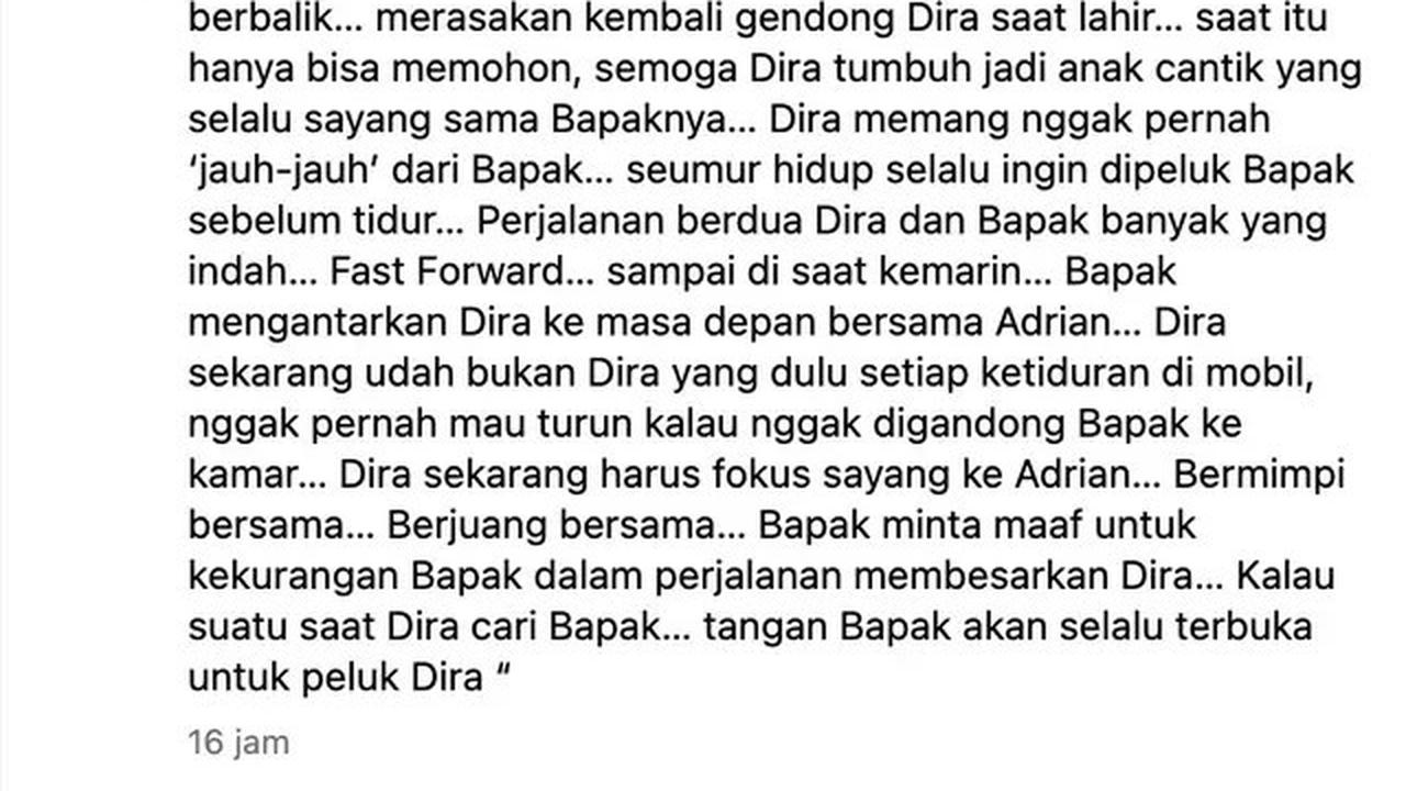 Surat Terbuka Aldi Bragi Setelah Putrinya Menikah: Tangan Bapak Selalu Terbuka untuk Peluk Dira