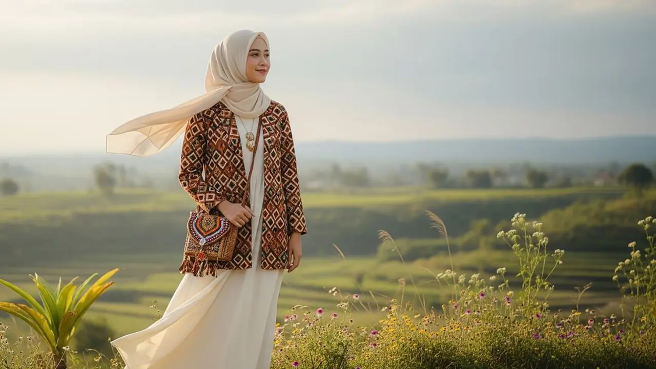 Gamis Polos Simpel Dipadukan Blazer Batik Etnik Kekinian