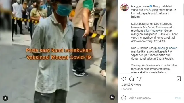 Ivan Gunawan beri motor buat kakek 64 tahun yang mengayuh sepedanya sejauh 15 untuk mendapatkan vaksin